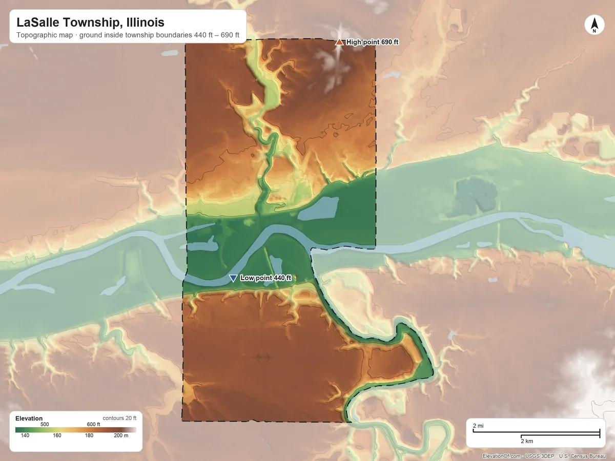 Topographic elevation map of LaSalle Township, Illinois, shaded from 440 ft on the south side to 690 ft on the northeast side
