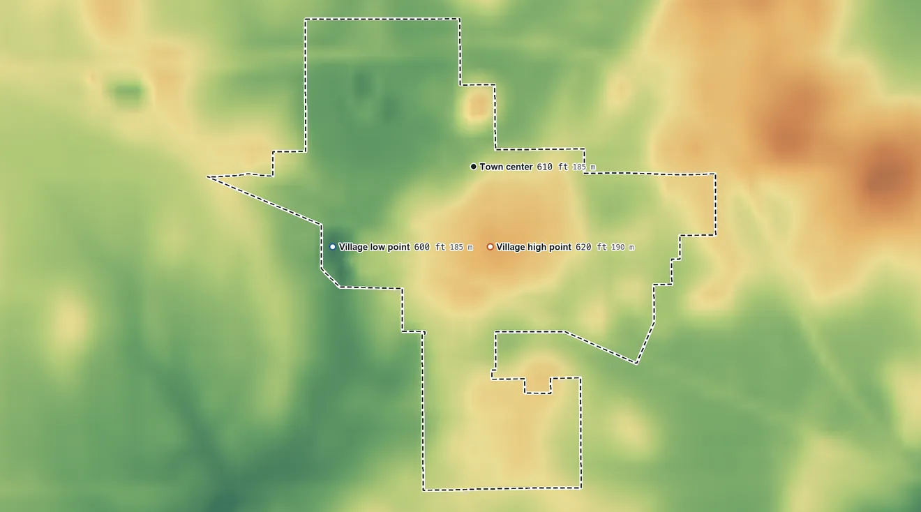 Topographic elevation map of Latham, Illinois, shaded from 600 ft on the southwest side to 620 ft on the south side