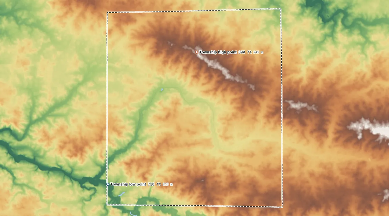Topographic elevation map of Lawndale Township, Illinois, shaded from 710 ft on the southwest side to 800 ft on the north side