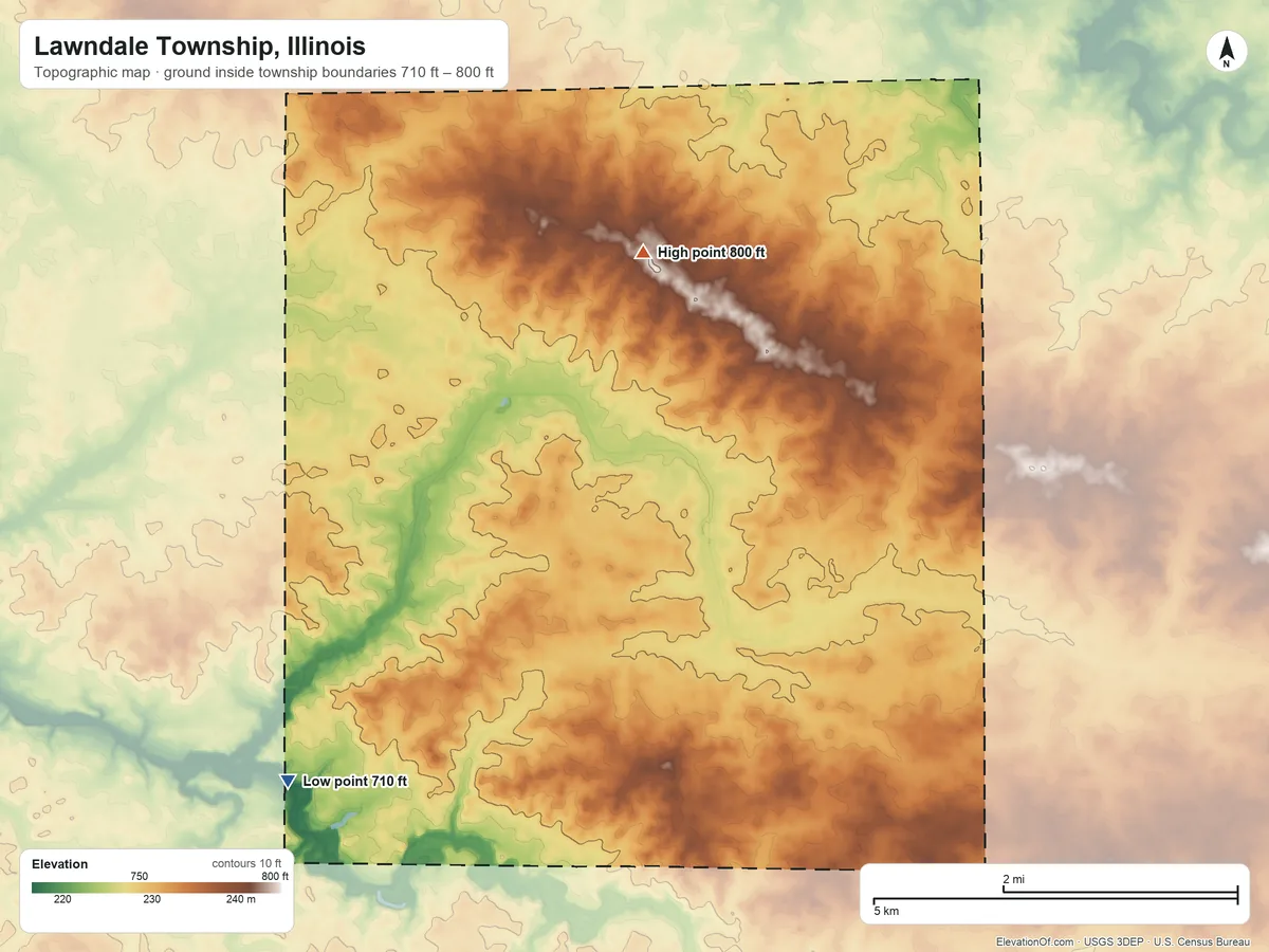 Topographic elevation map of Lawndale Township, Illinois, shaded from 710 ft on the southwest side to 800 ft on the north side