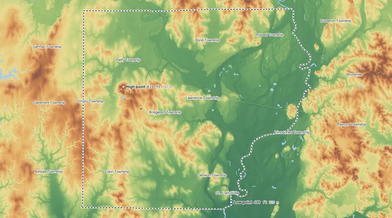 Topographic elevation map of Lawrence County, Illinois, shaded from 400 ft on the south side to 631 ft on Red Hill