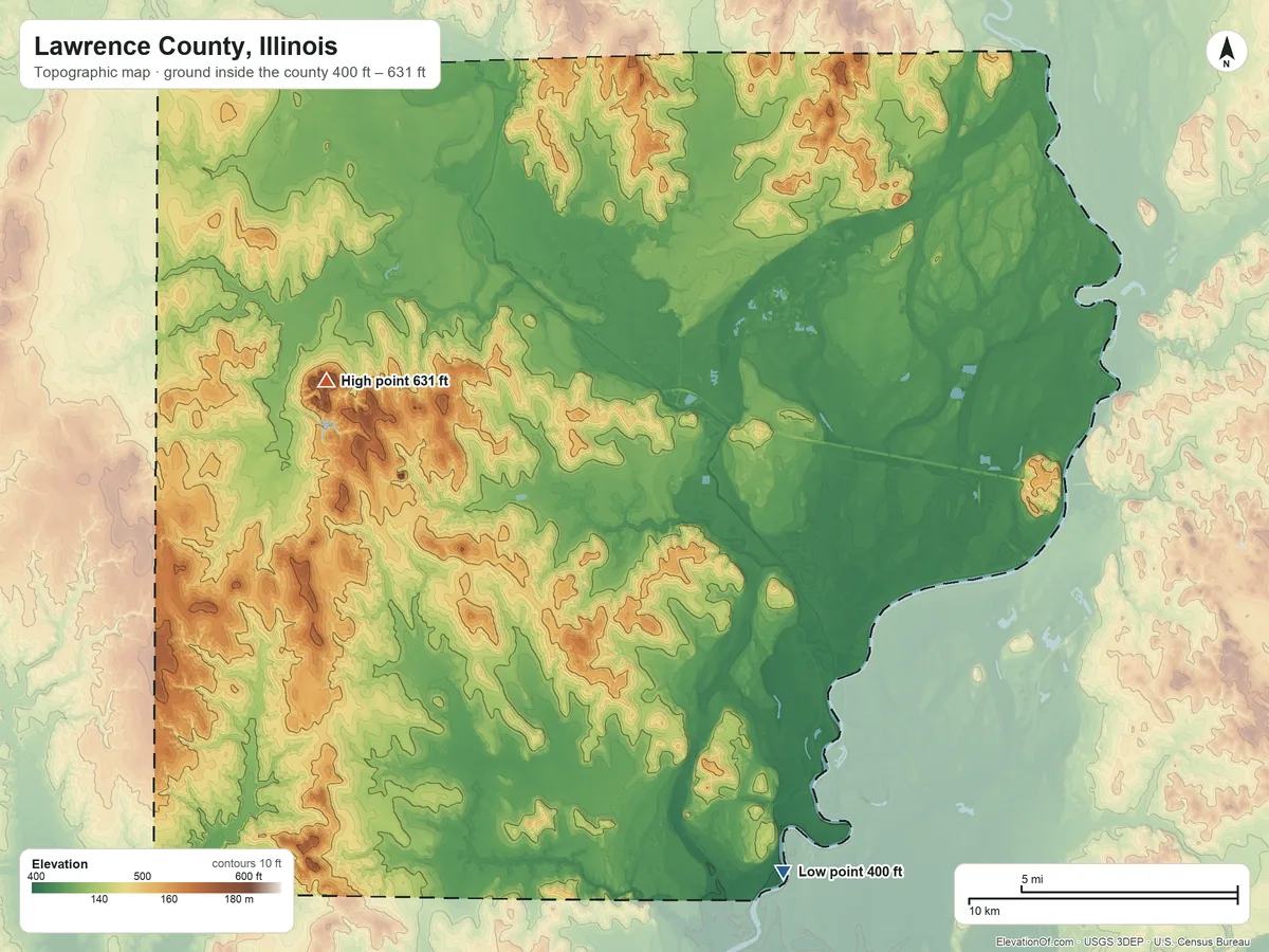 Topographic elevation map of Lawrence County, Illinois, shaded from 400 ft on the south side to 631 ft on Red Hill