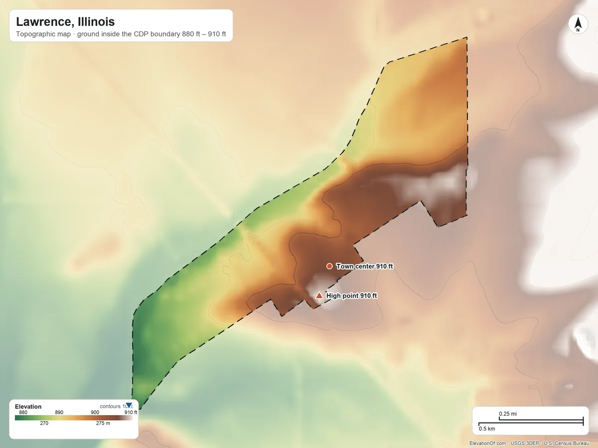 Topographic elevation map of Lawrence, Illinois, shaded from 880 ft on the southwest side to 910 ft near the middle