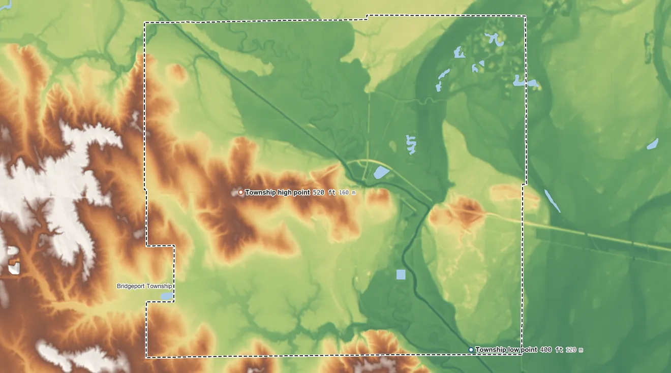 Topographic elevation map of Lawrence Township, Illinois, shaded from 400 ft on the southeast side to 520 ft on the west side