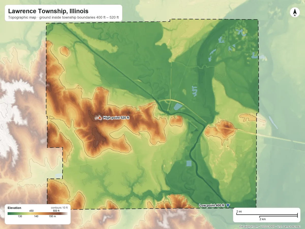 Topographic elevation map of Lawrence Township, Illinois, shaded from 400 ft on the southeast side to 520 ft on the west side