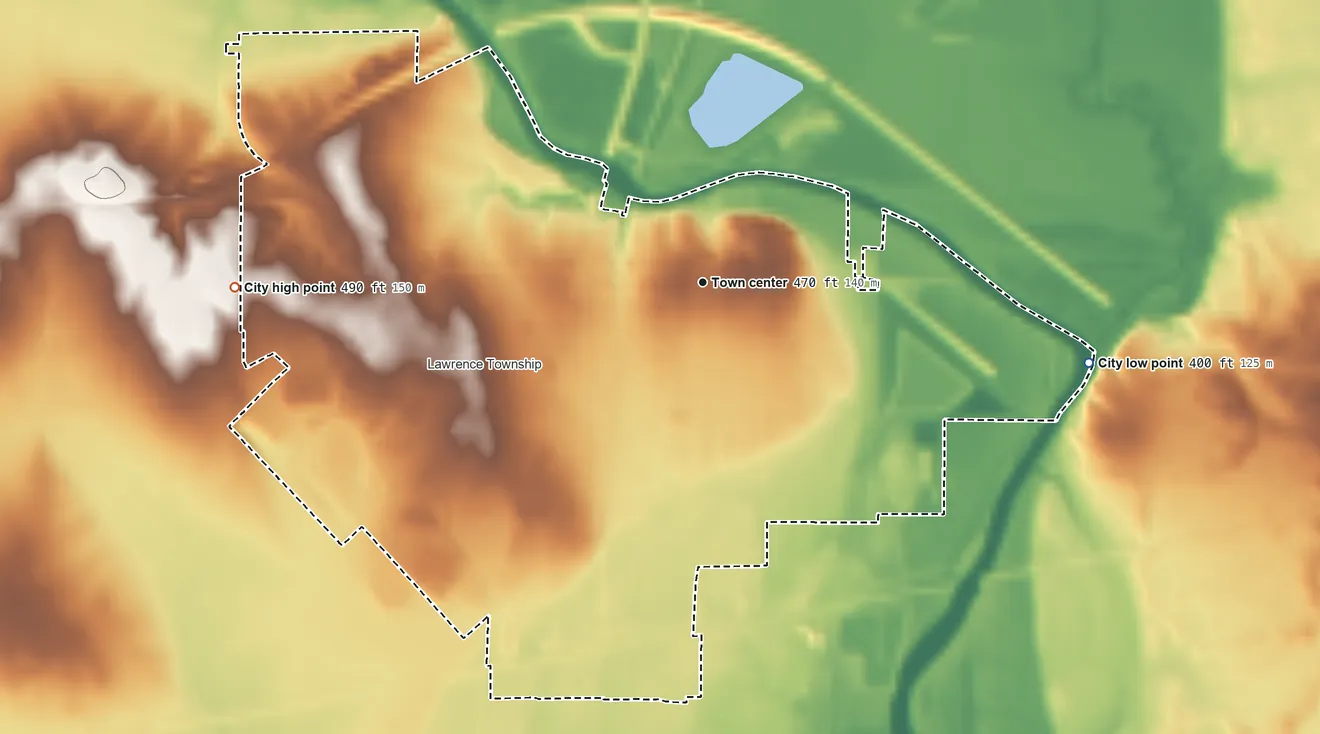 Topographic elevation map of Lawrenceville, Illinois, shaded from 400 ft on the east side to 490 ft on the west side