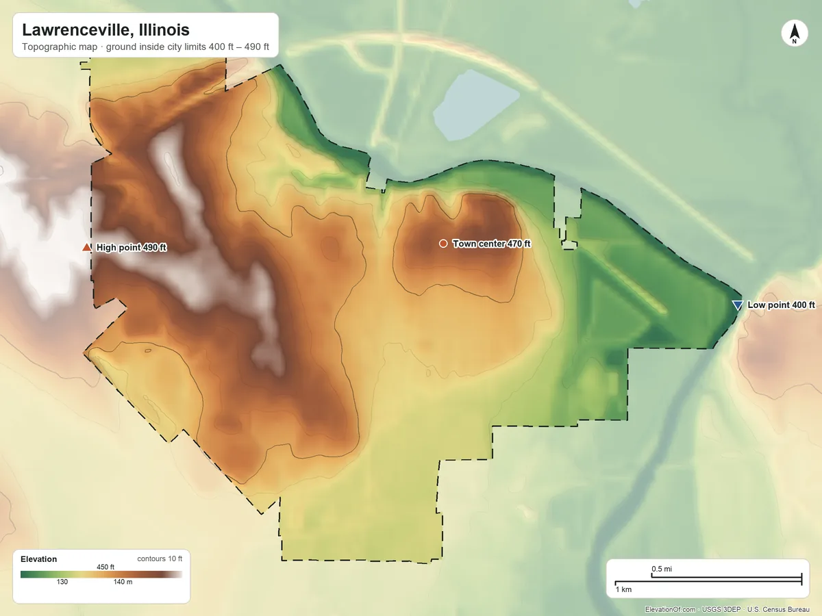 Topographic elevation map of Lawrenceville, Illinois, shaded from 400 ft on the east side to 490 ft on the west side