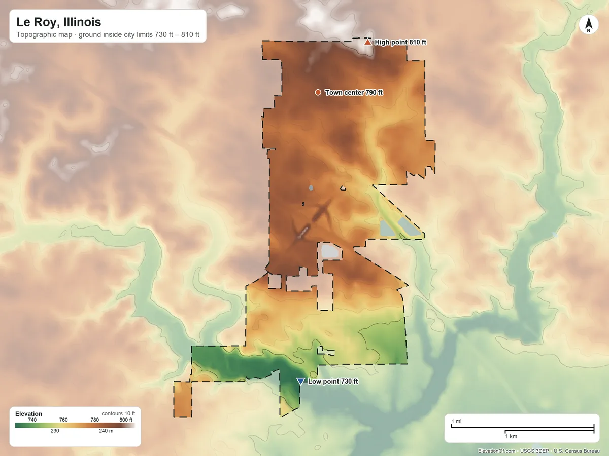 Topographic elevation map of Le Roy, Illinois, shaded from 730 ft on the south side to 810 ft on the northeast side