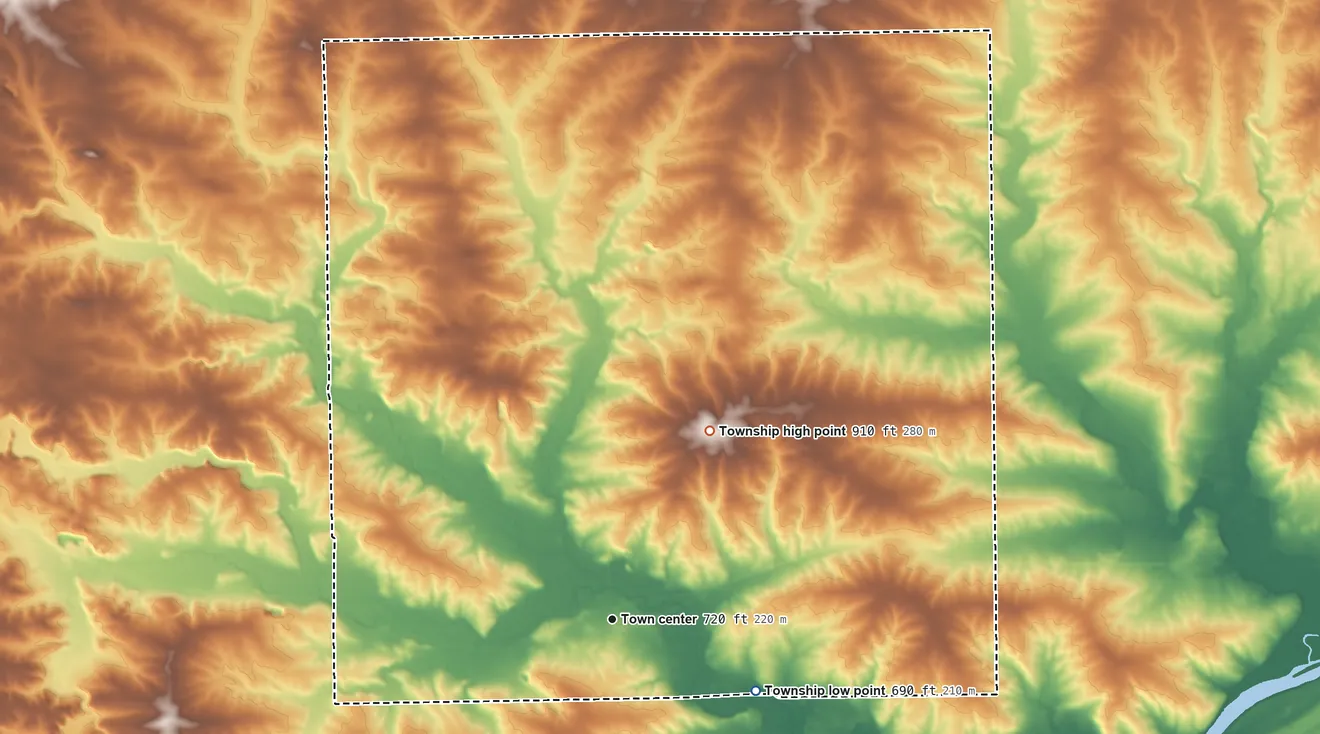 Topographic elevation map of Leaf River Township, Illinois, shaded from 690 ft on the southeast side to 910 ft on the northeast side