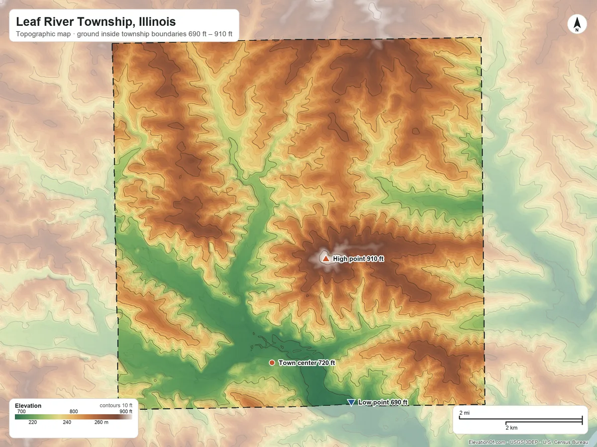 Topographic elevation map of Leaf River Township, Illinois, shaded from 690 ft on the southeast side to 910 ft on the northeast side