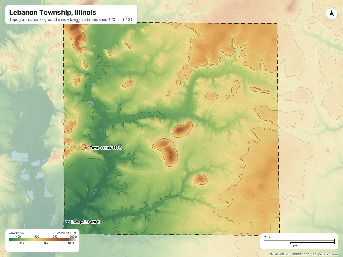 Topographic elevation map of Lebanon Township, Illinois, shaded from 420 ft on the south side to 610 ft on the north side