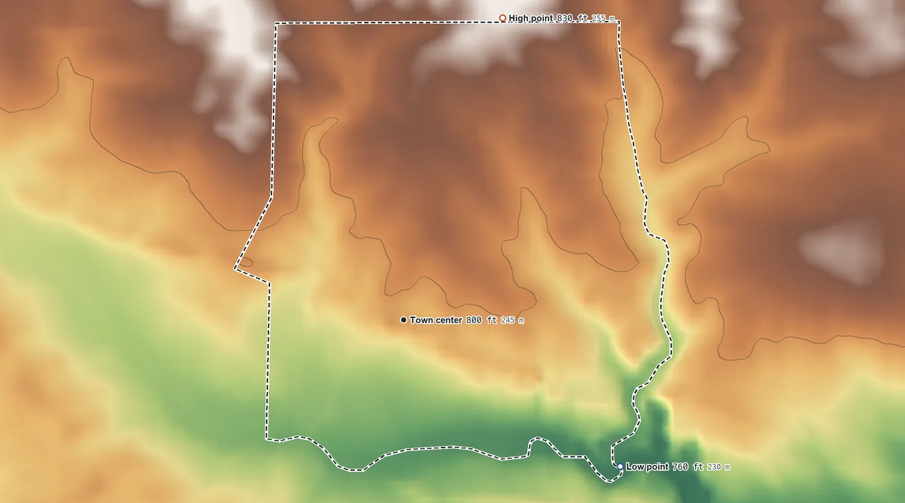 Topographic elevation map of Lee Center, Illinois, shaded from 760 ft on the southeast side to 830 ft on the north side