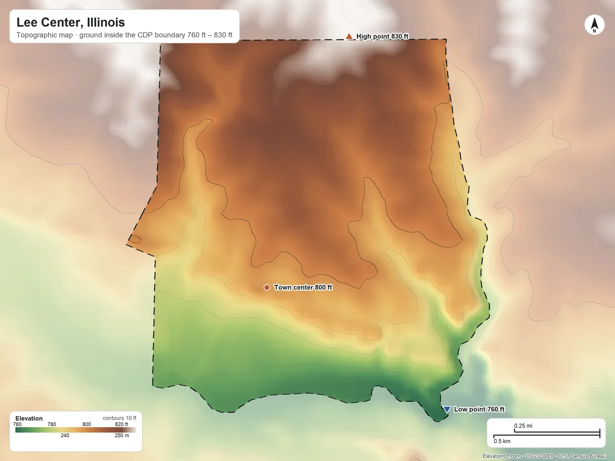 Topographic elevation map of Lee Center, Illinois, shaded from 760 ft on the southeast side to 830 ft on the north side