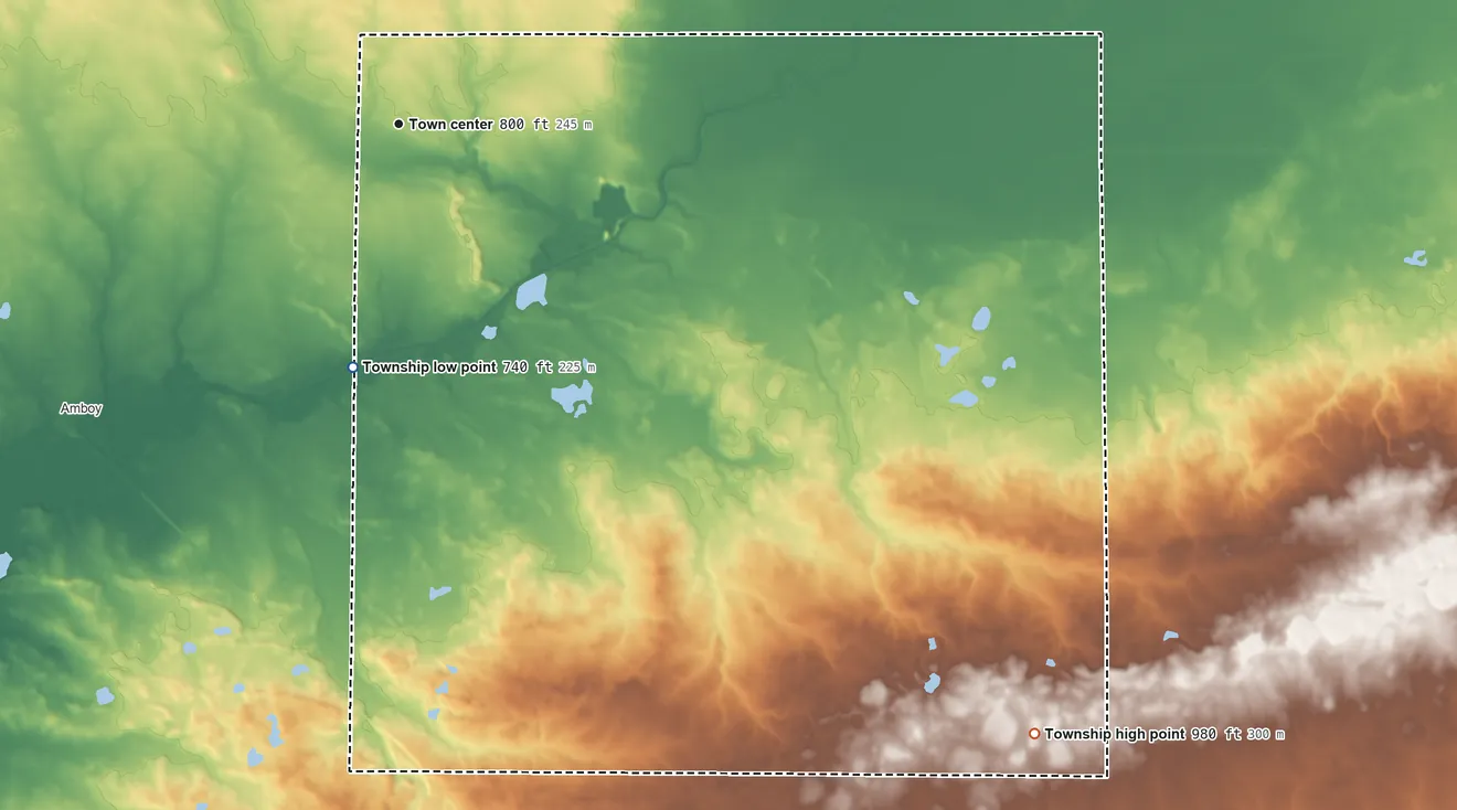 Topographic elevation map of Lee Center Township, Illinois, shaded from 740 ft on the south side to 980 ft on the southeast side