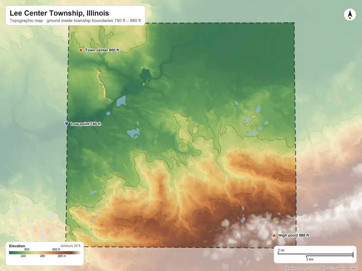 Topographic elevation map of Lee Center Township, Illinois, shaded from 740 ft on the south side to 980 ft on the southeast side