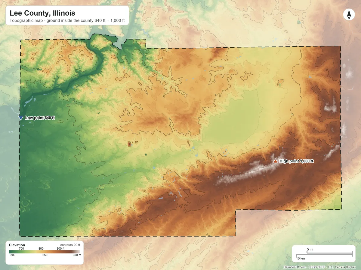 Topographic elevation map of Lee County, Illinois, shaded from 640 ft on the west side to 1,000 ft on the east side