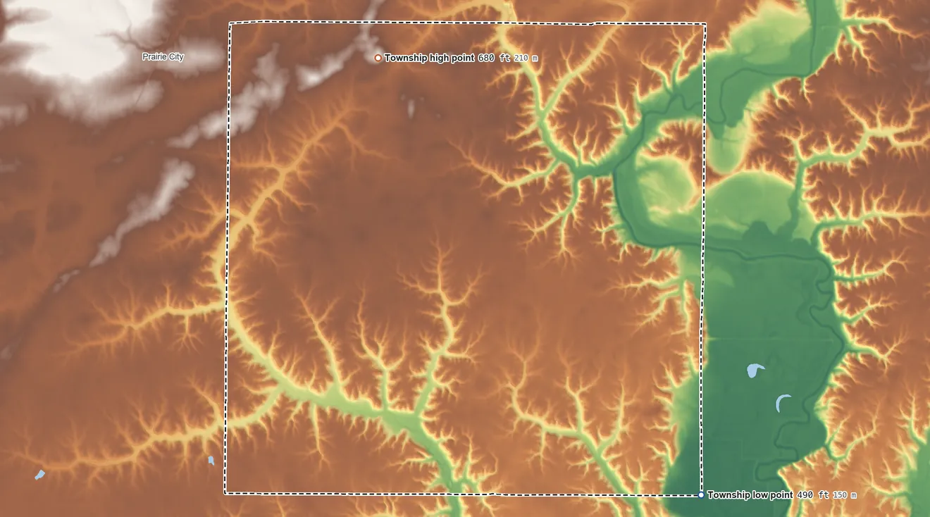 Topographic elevation map of Lee Township, Fulton County, Illinois, shaded from 490 ft on the southeast side to 680 ft on the northwest side
