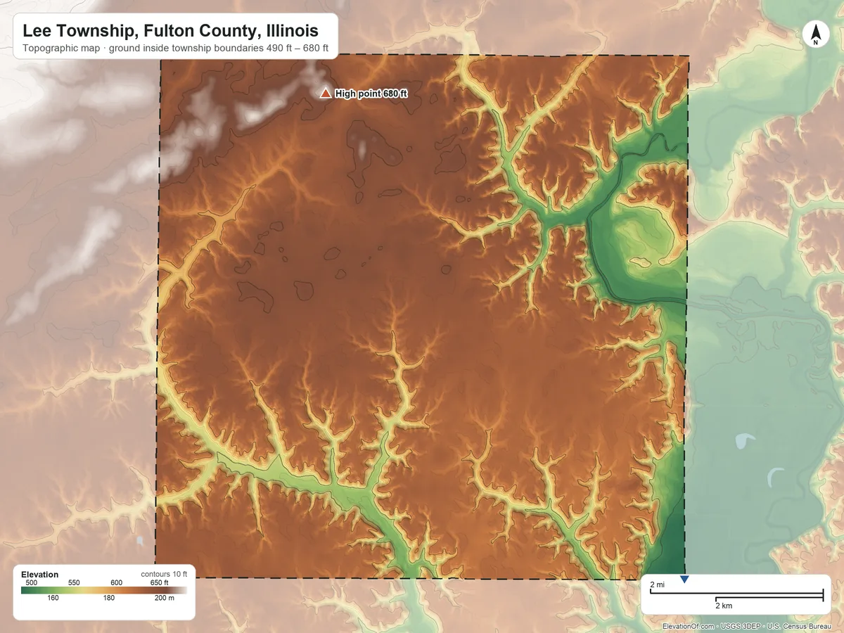 Topographic elevation map of Lee Township, Fulton County, Illinois, shaded from 490 ft on the southeast side to 680 ft on the northwest side