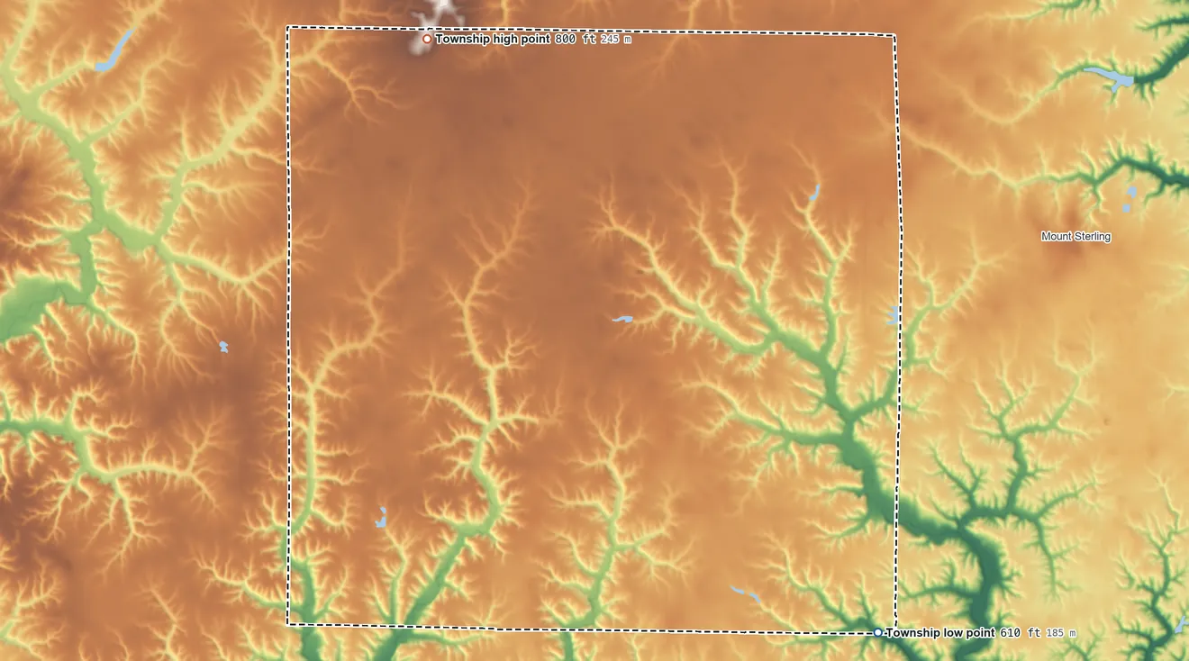 Topographic elevation map of Lee Township, Illinois, shaded from 610 ft on the southeast side to 800 ft on the northwest side