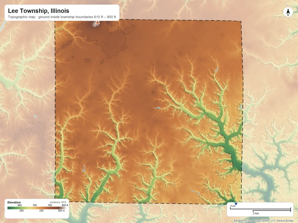 Topographic elevation map of Lee Township, Illinois, shaded from 610 ft on the southeast side to 800 ft on the northwest side