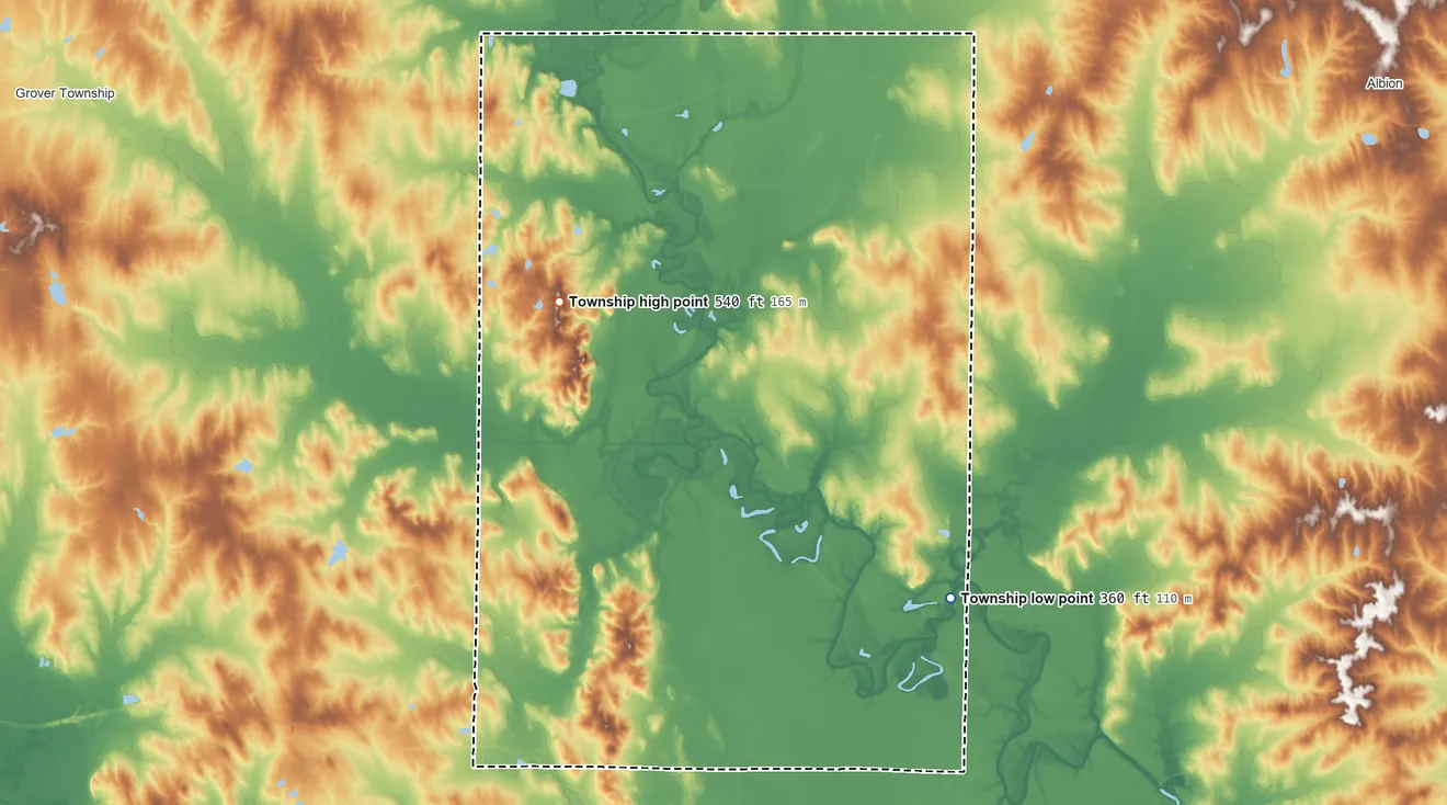 Topographic elevation map of Leech Township, Illinois, shaded from 360 ft on the southeast side to 540 ft on the west side