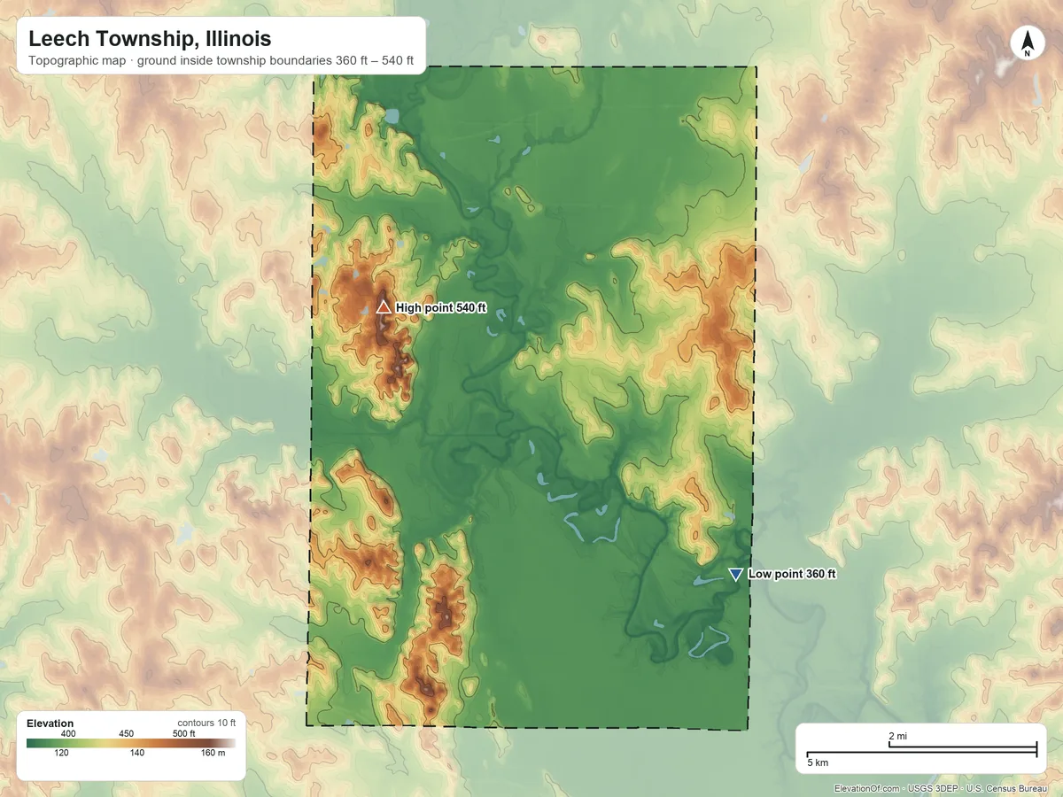 Topographic elevation map of Leech Township, Illinois, shaded from 360 ft on the southeast side to 540 ft on the west side