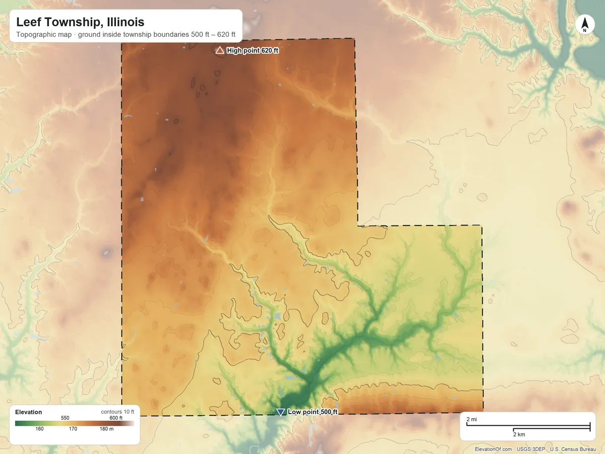 Topographic elevation map of Leef Township, Illinois, shaded from 500 ft on the south side to 620 ft on the north side