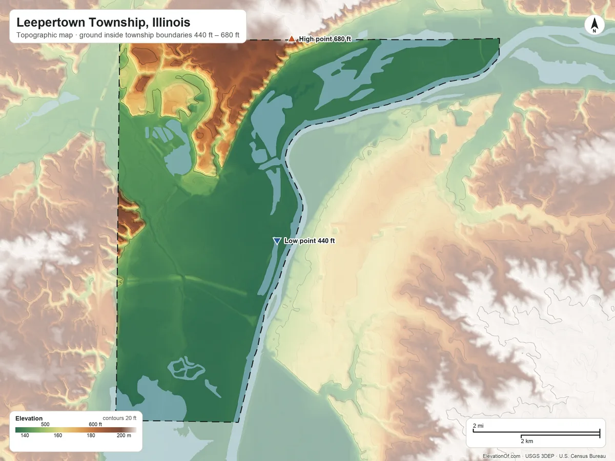 Topographic elevation map of Leepertown Township, Illinois, shaded from 440 ft on the southeast side to 680 ft on the northeast side