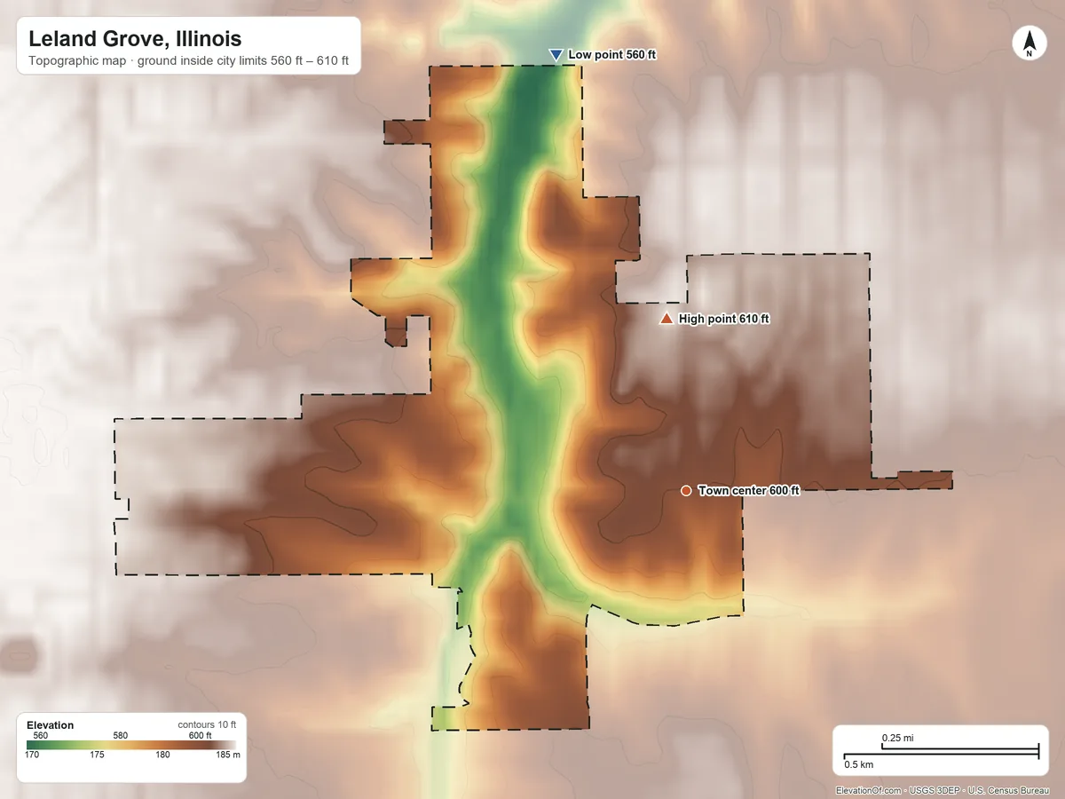 Topographic elevation map of Leland Grove, Illinois, shaded from 560 ft on the north side to 610 ft on the north side