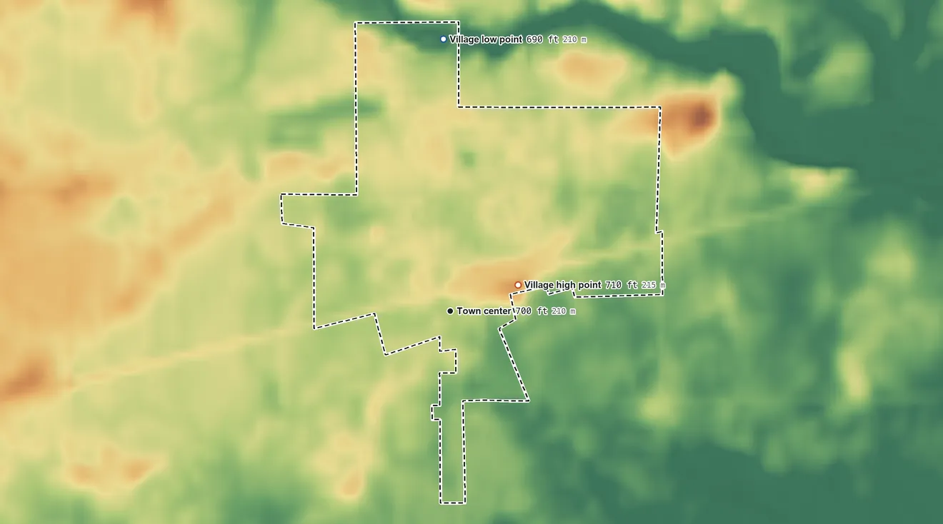 Topographic elevation map of Leland, Illinois, shaded from 690 ft on the north side to 710 ft on the east side