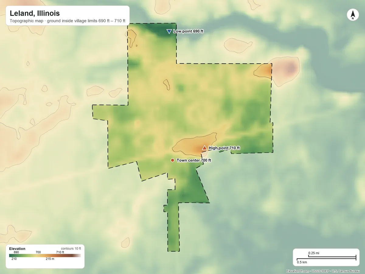 Topographic elevation map of Leland, Illinois, shaded from 690 ft on the north side to 710 ft on the east side
