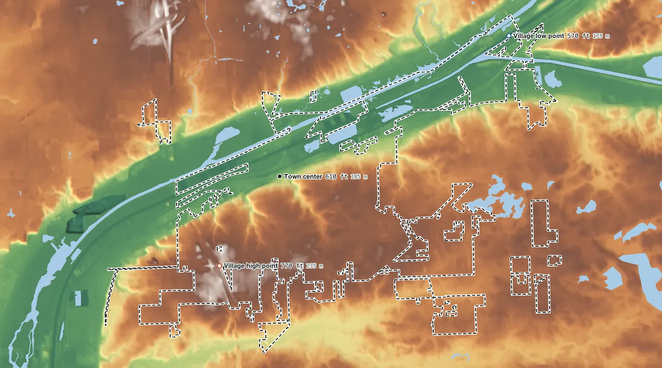 Topographic elevation map of Lemont, Illinois, shaded from 570 ft on the northeast side to 770 ft on the southwest side
