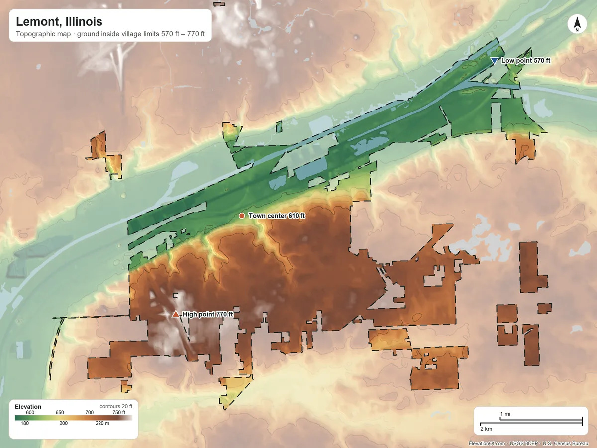 Topographic elevation map of Lemont, Illinois, shaded from 570 ft on the northeast side to 770 ft on the southwest side
