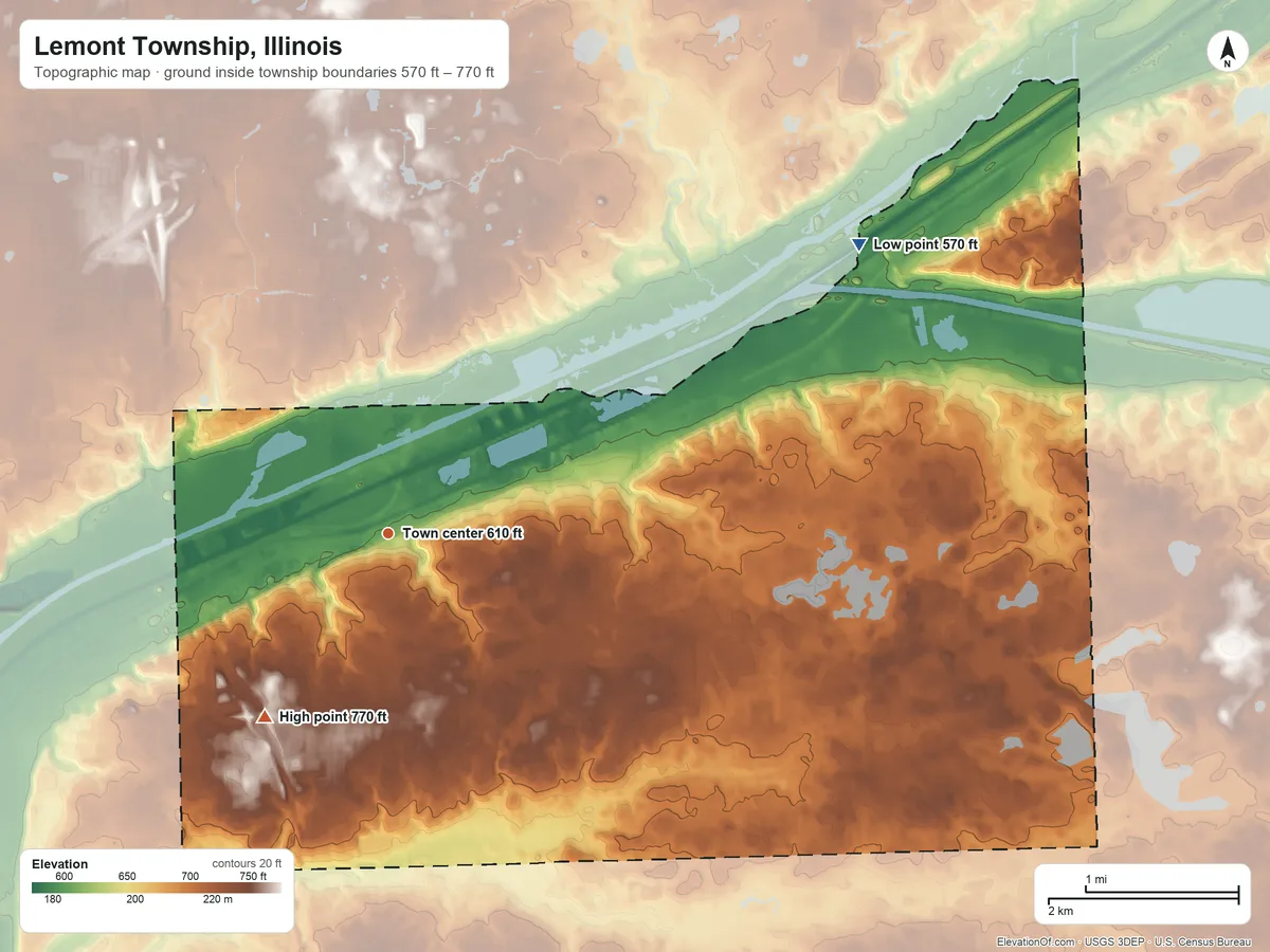 Topographic elevation map of Lemont Township, Illinois, shaded from 570 ft on the northeast side to 770 ft on the southwest side