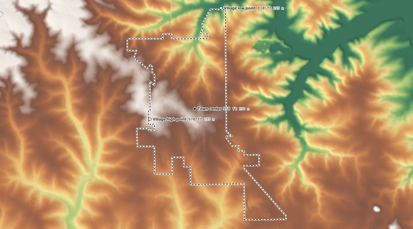 Topographic elevation map of Lena, Illinois, shaded from 810 ft on the north side to 970 ft on the west side