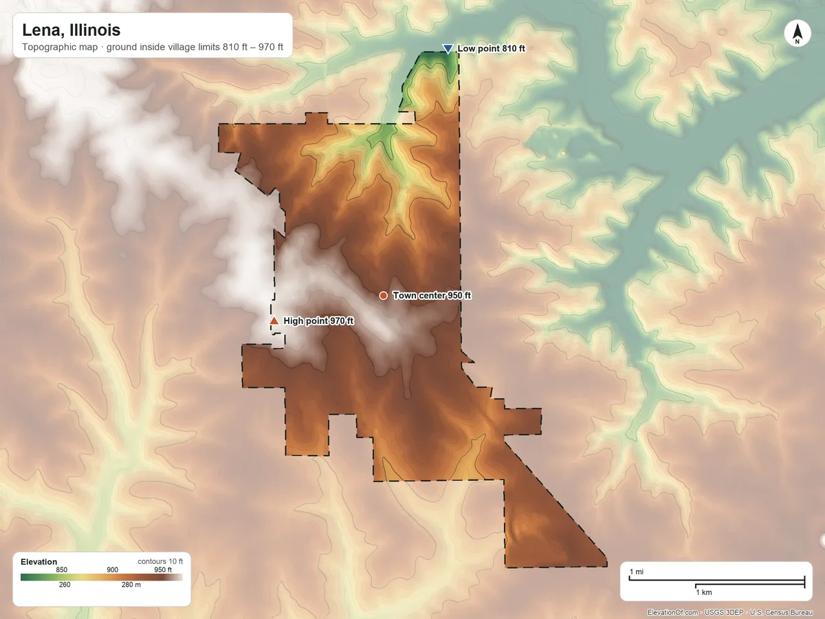 Topographic elevation map of Lena, Illinois, shaded from 810 ft on the north side to 970 ft on the west side