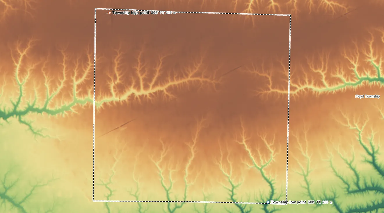 Topographic elevation map of Lenox Township, Illinois, shaded from 680 ft on the southeast side to 800 ft on the northwest side