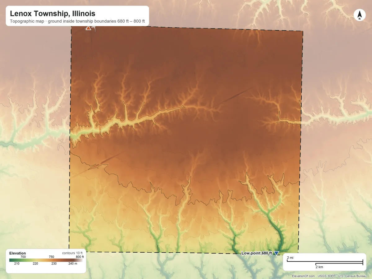 Topographic elevation map of Lenox Township, Illinois, shaded from 680 ft on the southeast side to 800 ft on the northwest side