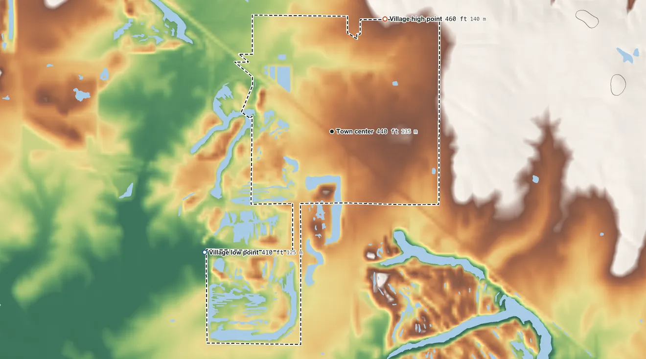 Topographic elevation map of Lenzburg, Illinois, shaded from 410 ft on the southwest side to 460 ft on the northeast side