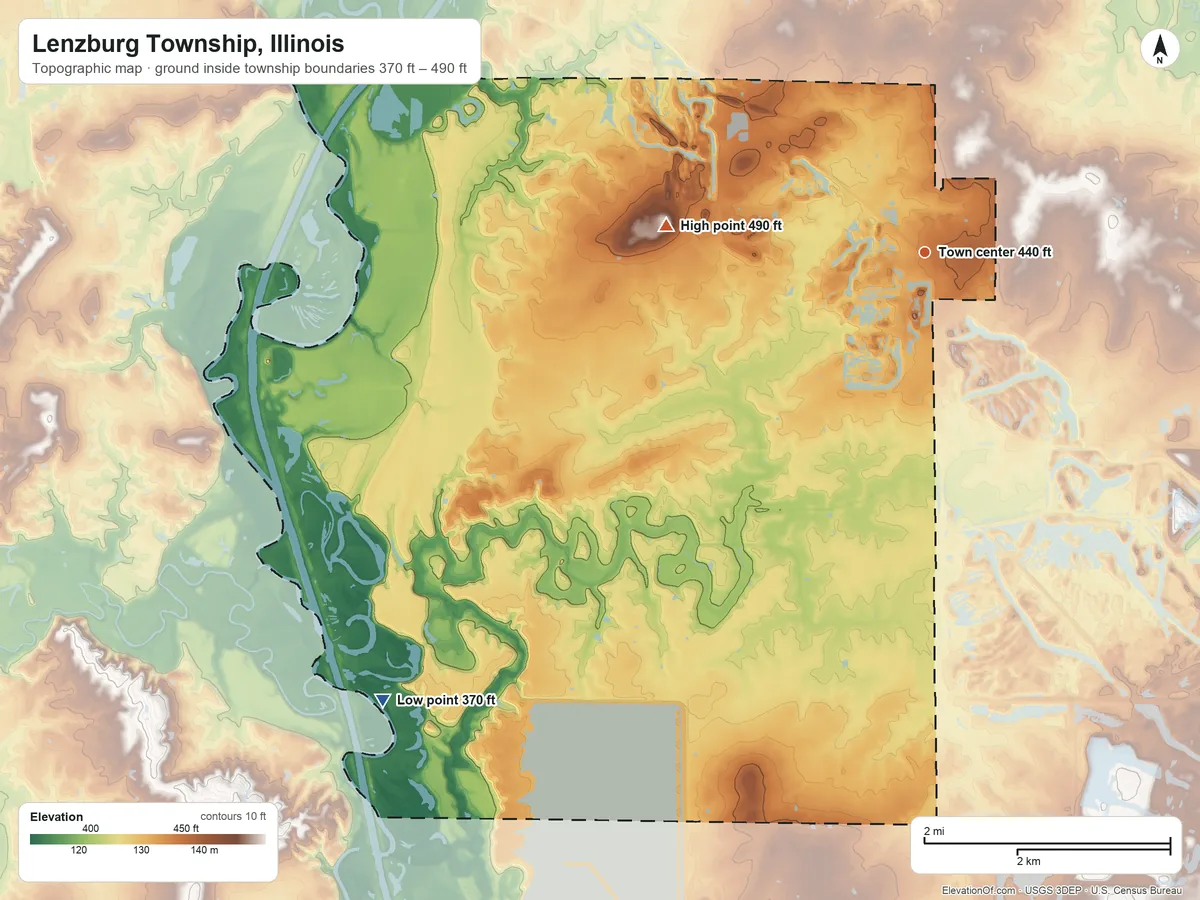Topographic elevation map of Lenzburg Township, Illinois, shaded from 370 ft on the southwest side to 490 ft on Dutch Hill