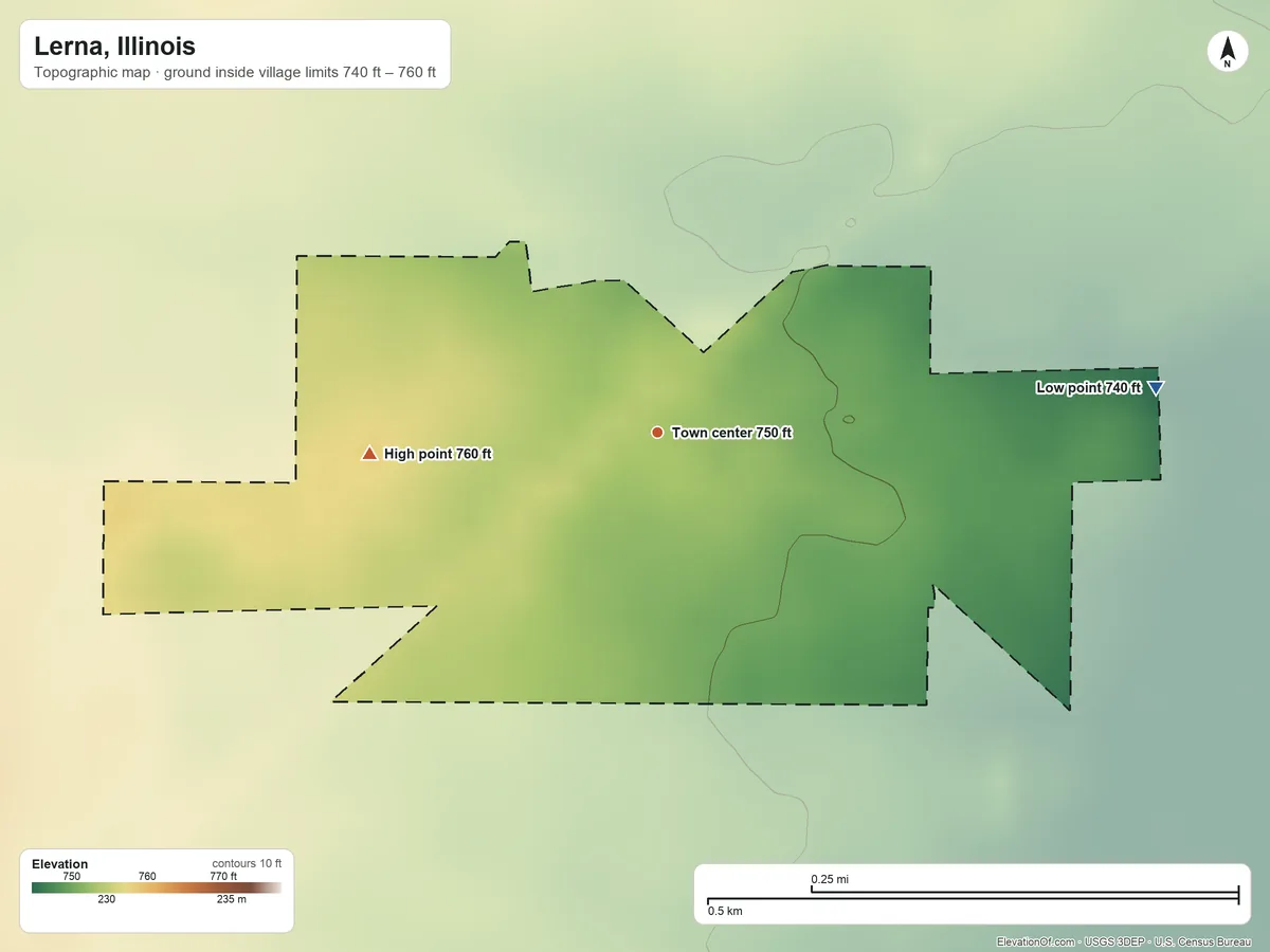 Topographic elevation map of Lerna, Illinois, shaded from 740 ft on the east side to 760 ft on the west side