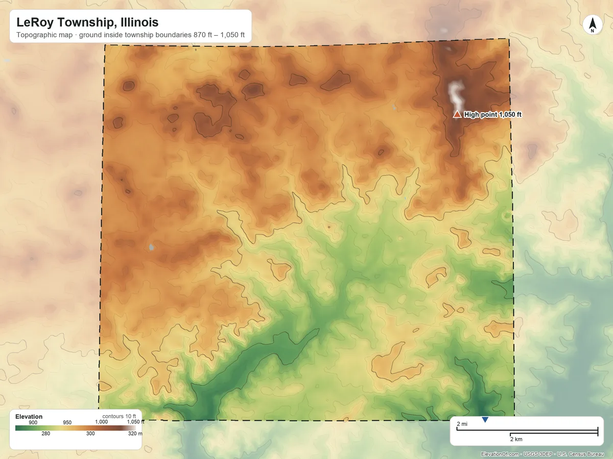 Topographic elevation map of LeRoy Township, Illinois, shaded from 870 ft on the southeast side to 1,050 ft on the northeast side