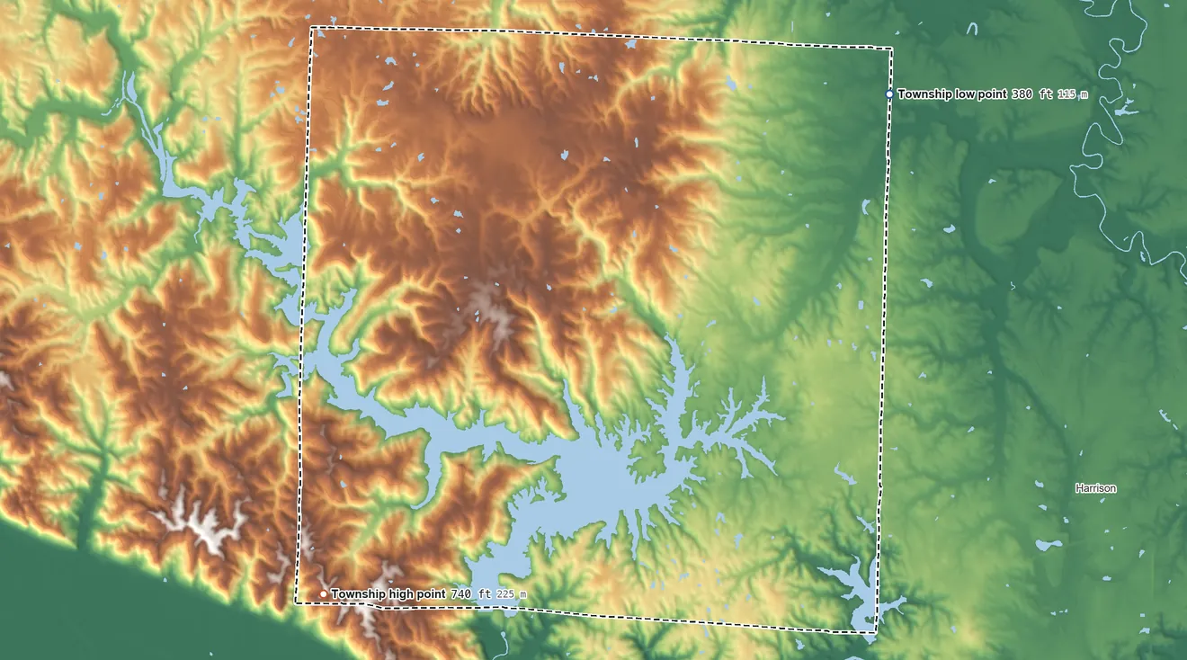 Topographic elevation map of Levan Township, Illinois, shaded from 380 ft on the northeast side to 740 ft on the southwest side