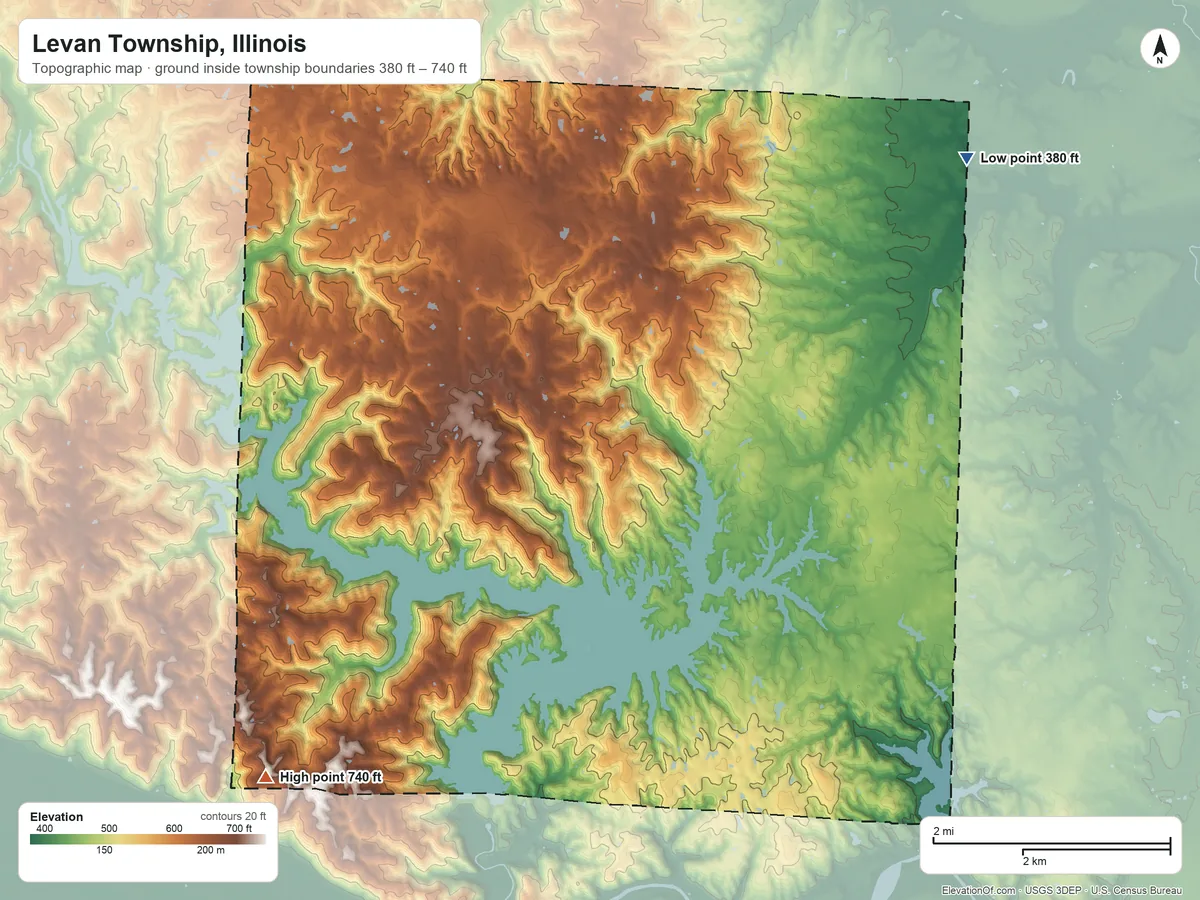 Topographic elevation map of Levan Township, Illinois, shaded from 380 ft on the northeast side to 740 ft on the southwest side