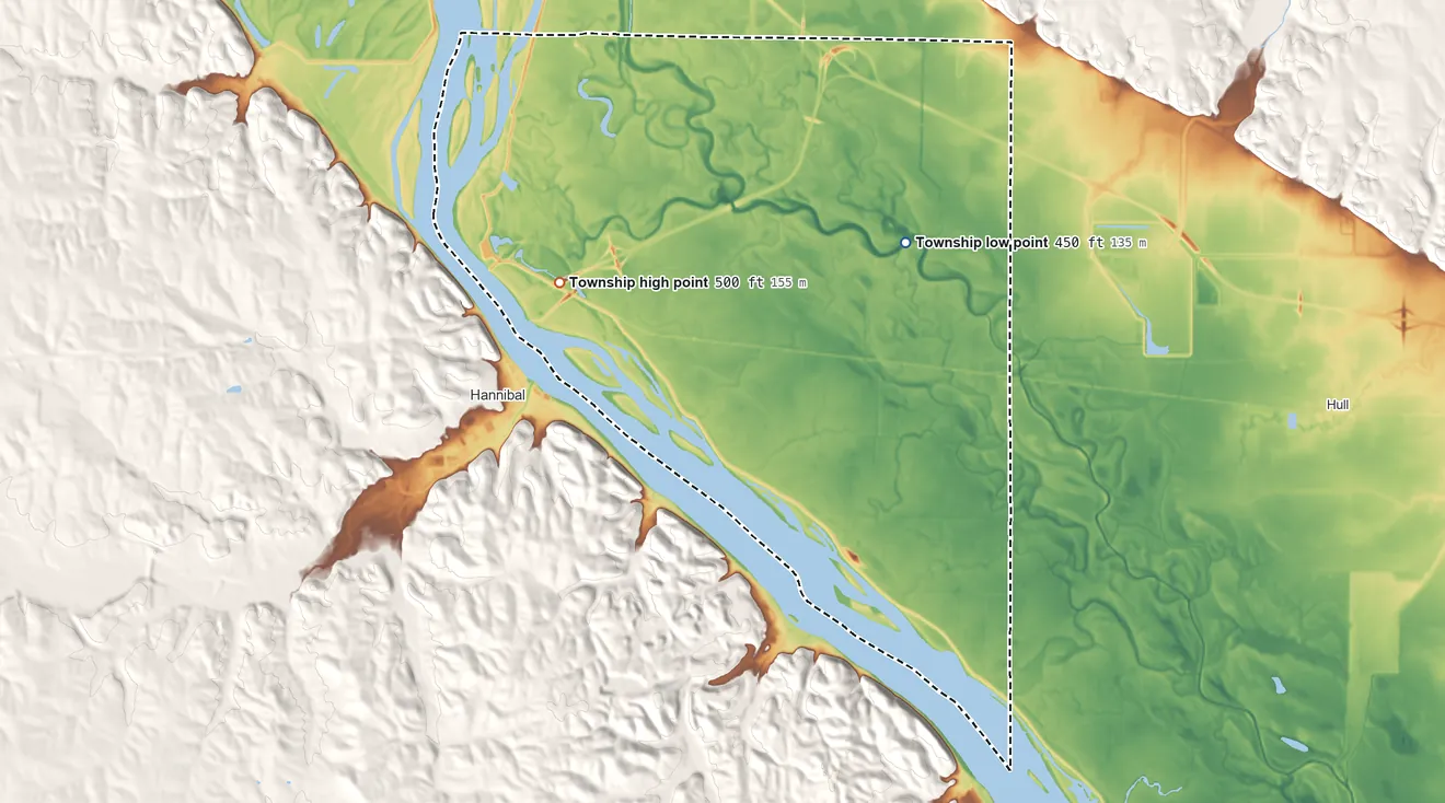 Topographic elevation map of Levee Township, Illinois, shaded from 450 ft on the east side to 500 ft on the southwest side