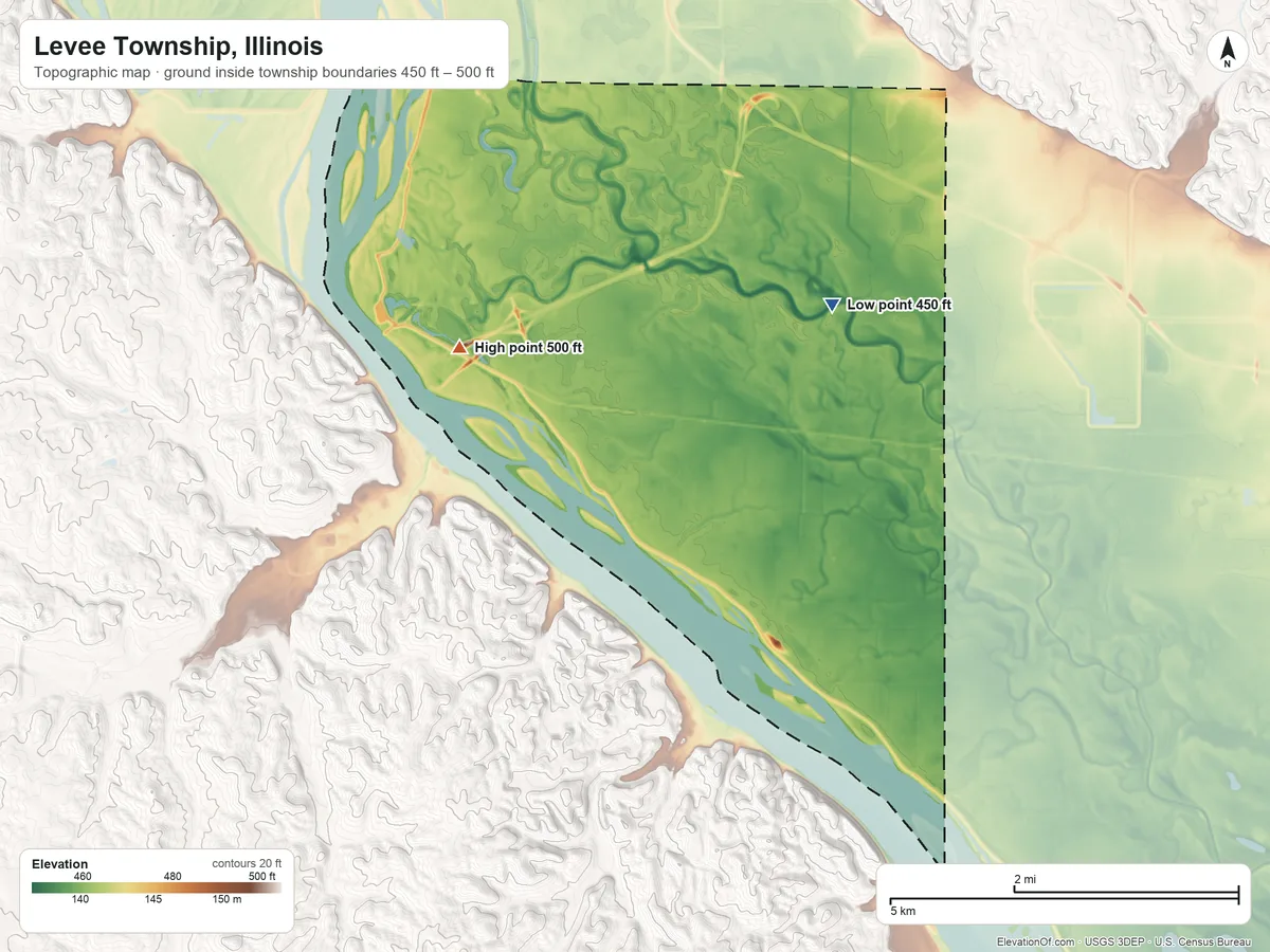 Topographic elevation map of Levee Township, Illinois, shaded from 450 ft on the east side to 500 ft on the southwest side