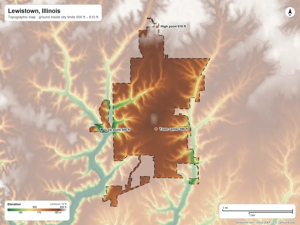 Topographic elevation map of Lewistown, Illinois, shaded from 500 ft on the west side to 610 ft on the north side