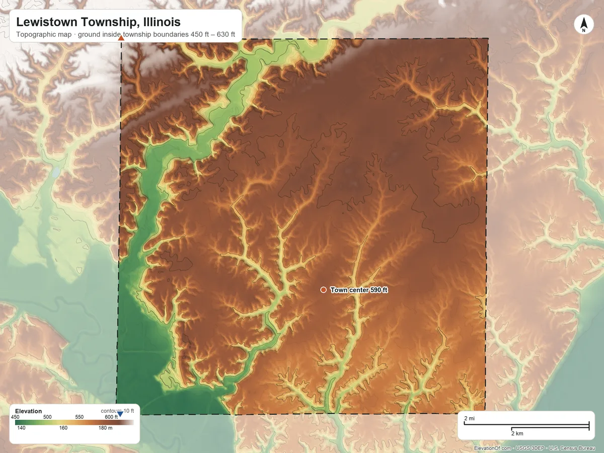 Topographic elevation map of Lewistown Township, Illinois, shaded from 450 ft on the southwest side to 630 ft on the northwest side
