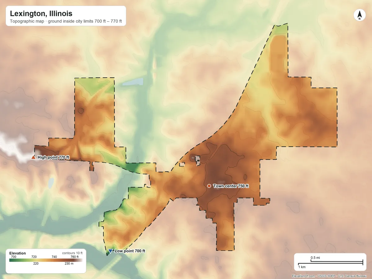 Topographic elevation map of Lexington, Illinois, shaded from 700 ft on the southwest side to 770 ft on the west side