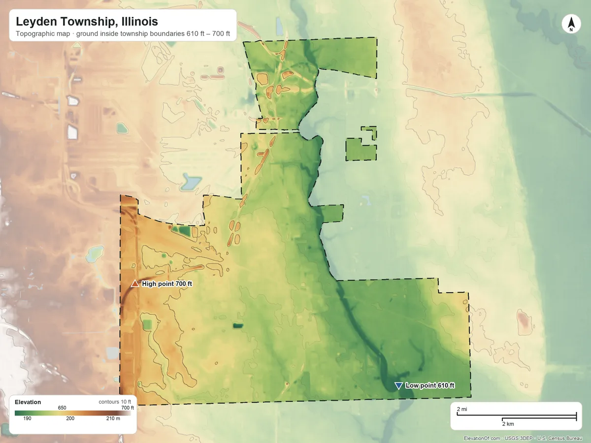 Topographic elevation map of Leyden Township, Illinois, shaded from 610 ft on the southeast side to 700 ft on the west side